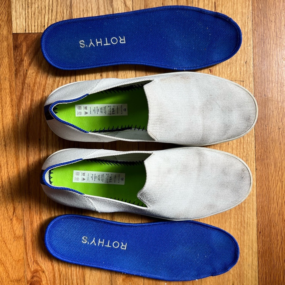 Rothy's White Slip-Ons with Blue and Green Accents